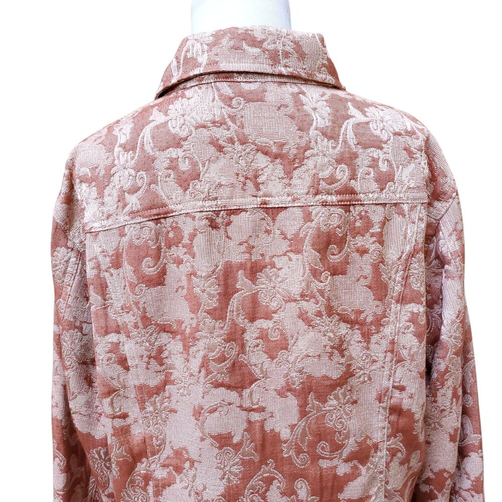 Chico's Sz 2 Red Tan Floral Damask Tapestry Jacket Pockets Collar Chicos Sz L 12 - Picture 11 of 14